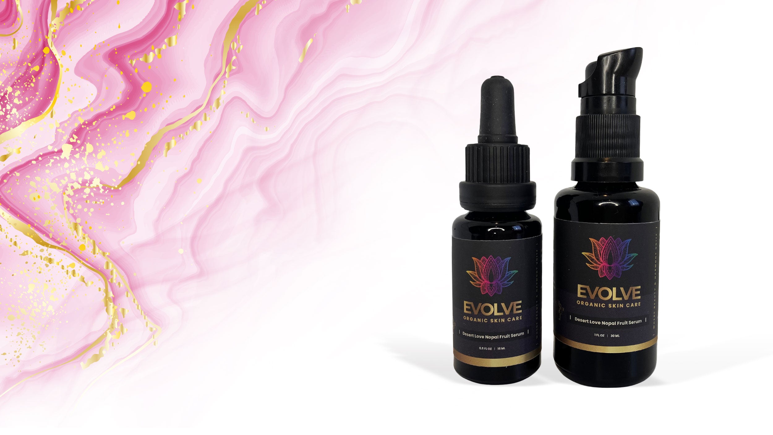 a photo of evolve organic skin care products in front of a pink marble background